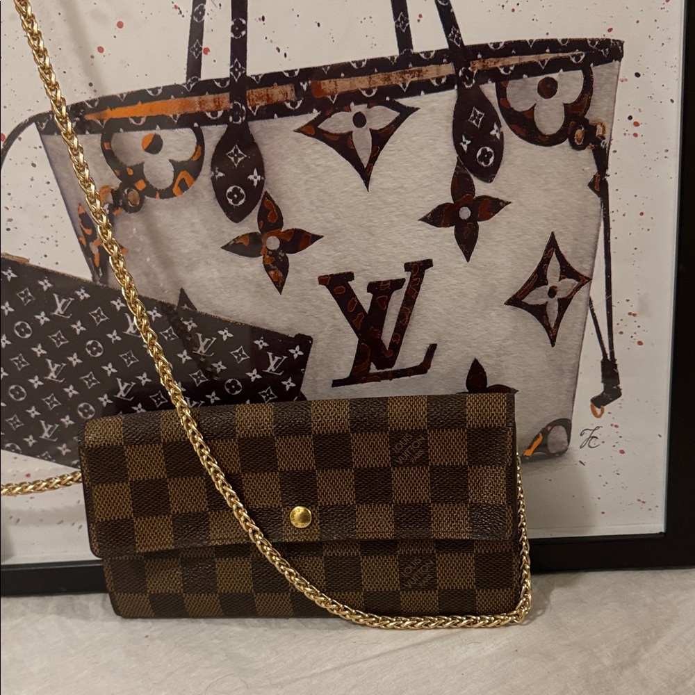 Louis Vuitton Brown Checkered Clutch with Gold Chain
